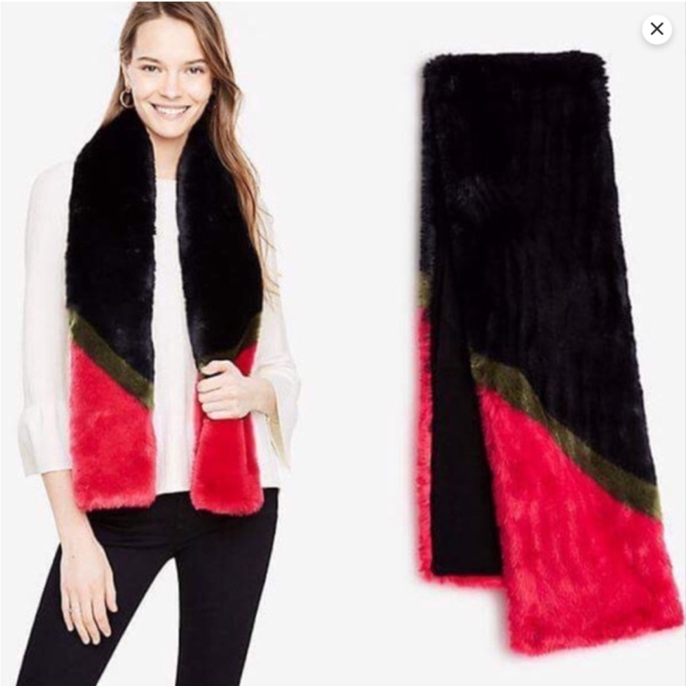 NWT Anne Taylor Faux Fur Colour Block Black Green Pink Scarf